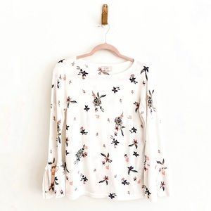 Loft Outlet Long Bell Sleeve Knit Floral Cream Top